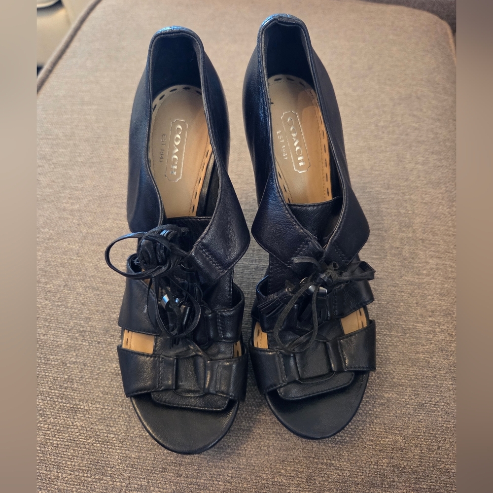 Coach Teagan Lace Up Leather Platform Heel Shoes - Black - Size 8